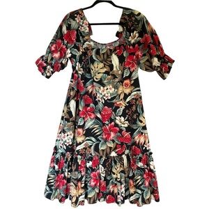 Vintage Hilo Hattie Floral Puff Sleeve Ruffle Midi Dress M Tropical Hawaiian